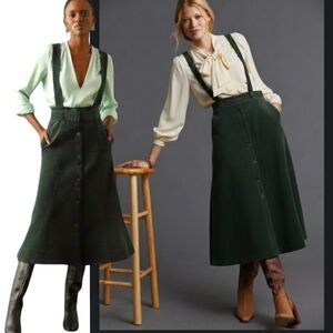 Maeve Dark Forest Green Suspender Pinafore Cotton Corduroy Skirt M